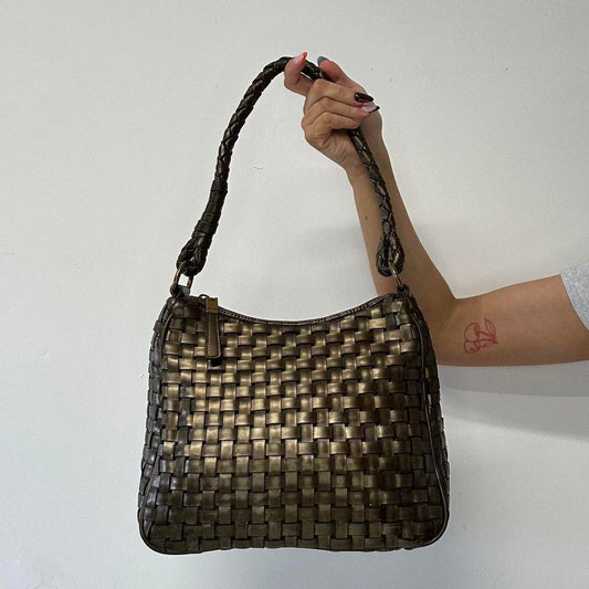 bronze faux leather woven shoulder bag