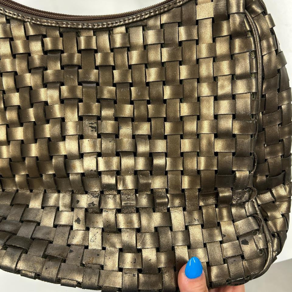 bronze faux leather woven shoulder bag