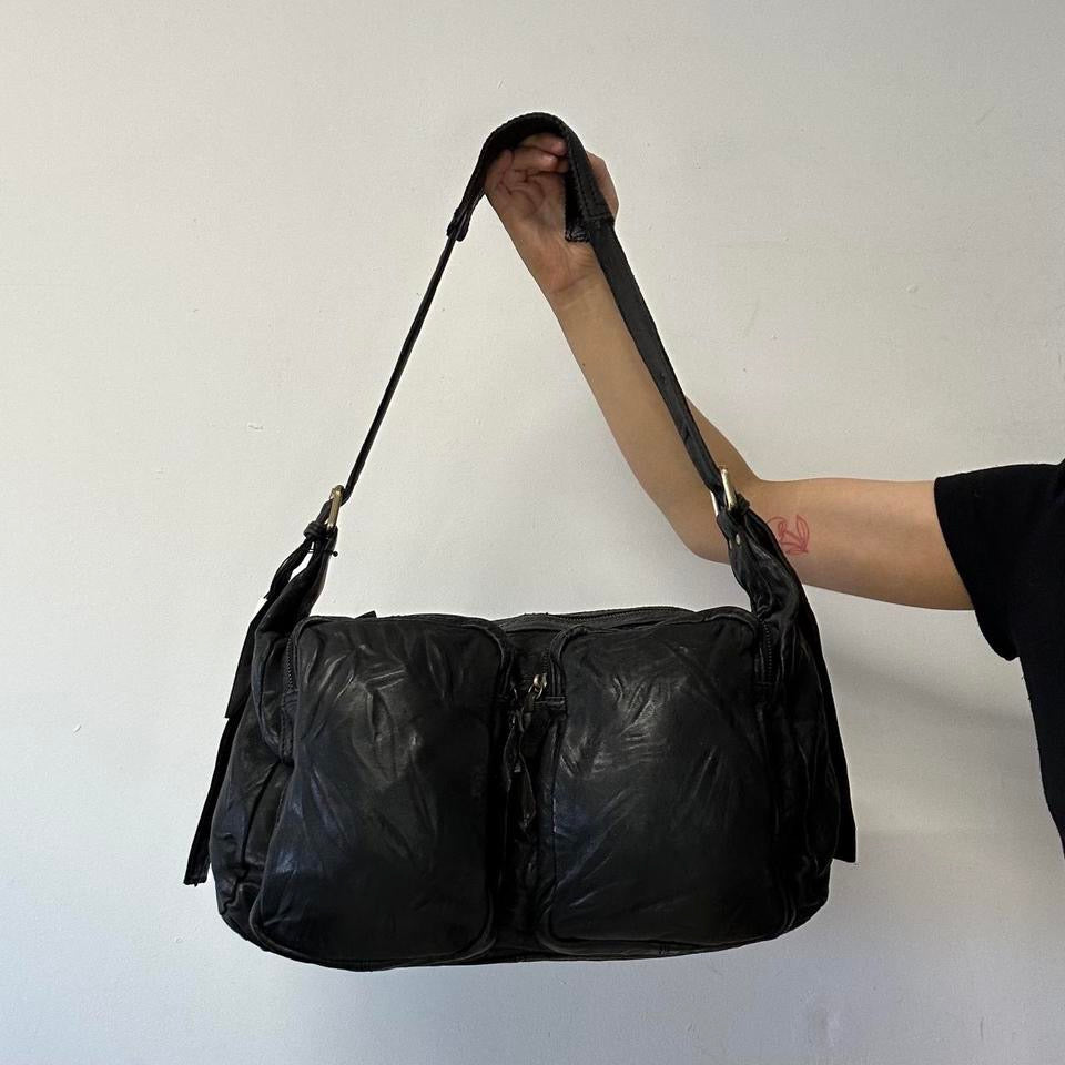 black double pocket genuine leather shoulder / crossbody bag