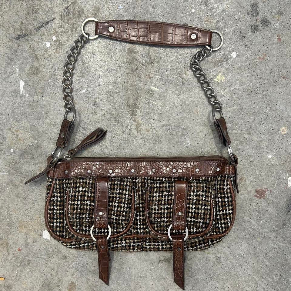 brown plaid double pocket shoulder bag