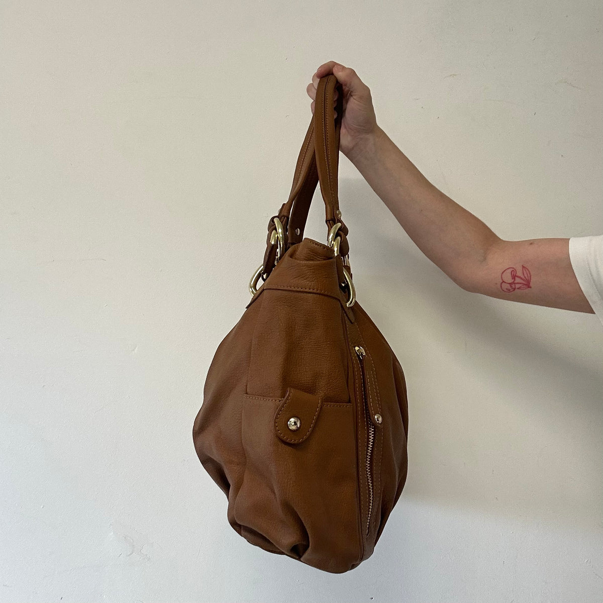brown genuine leather double zip shoulder bag