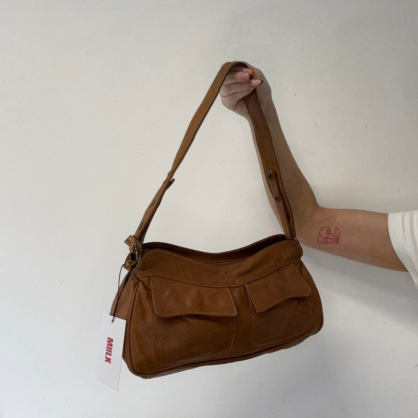 brown leather double pocket shoulder bag