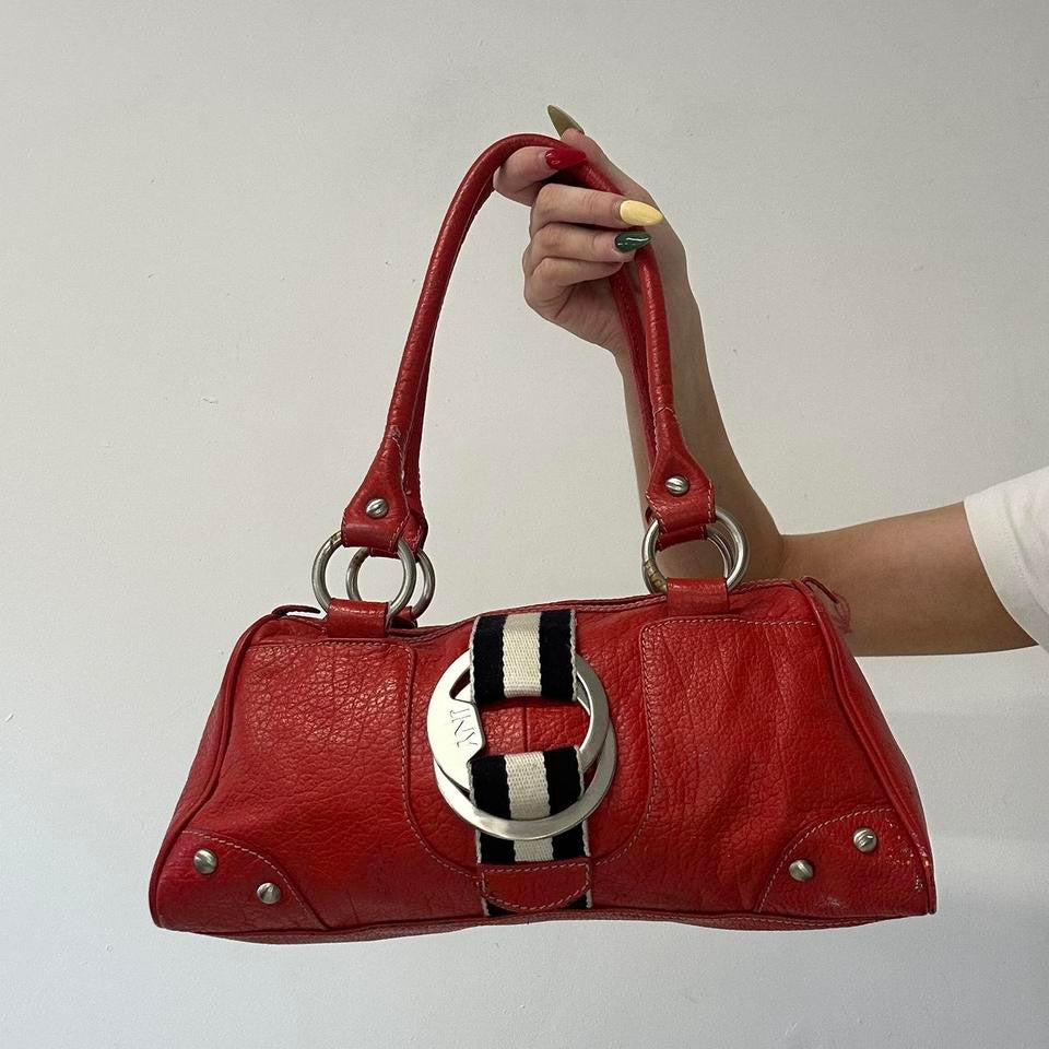 red genuine leather silver buckle  shoulder bag