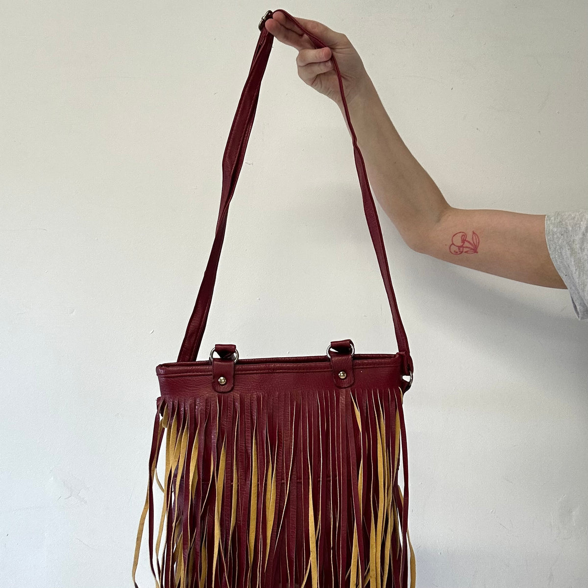 red genuine leather fringe festival shoulder bag