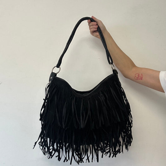 black faux leather fringe tassle shoulder bag