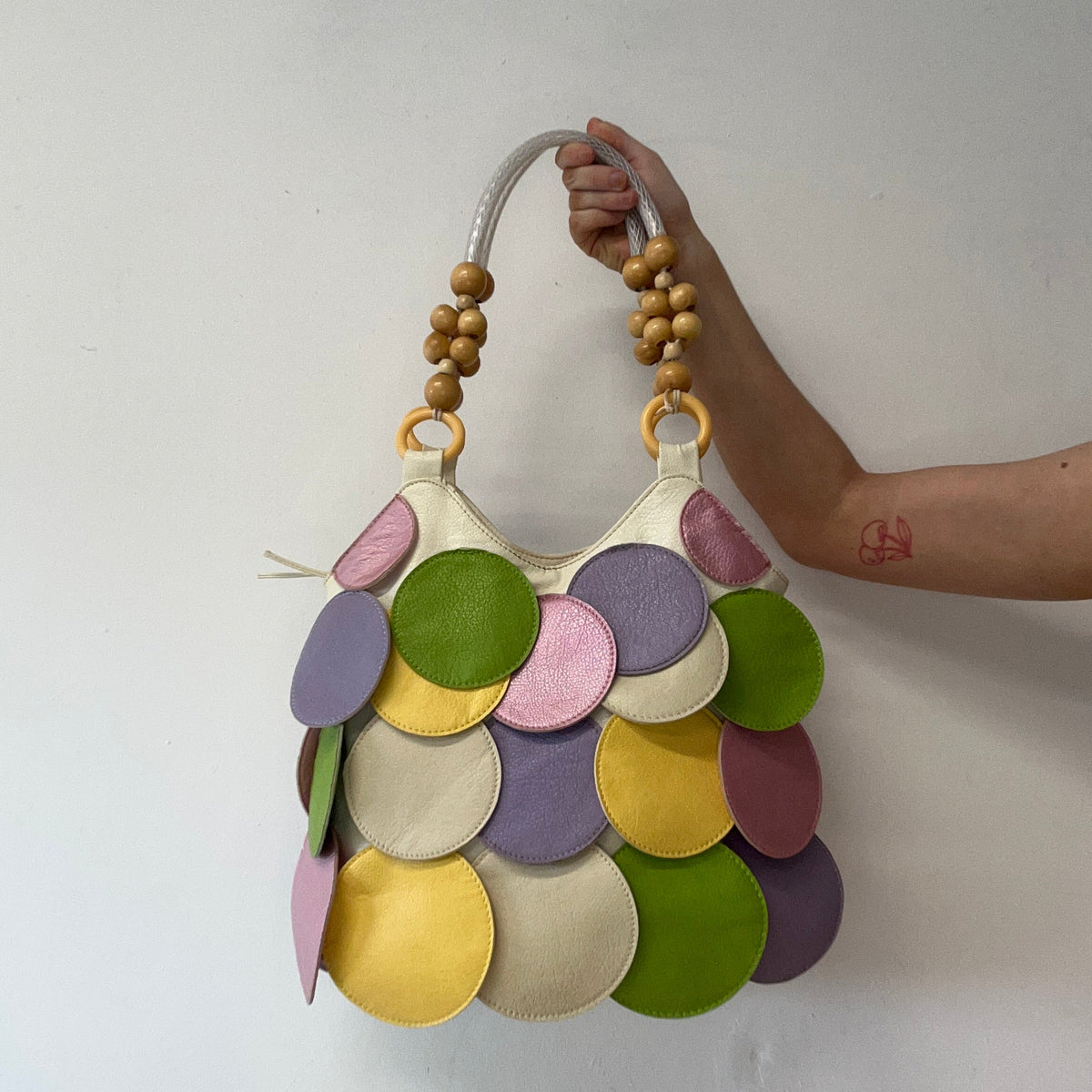 multicoloured faux leather disc beaded shoulder bag