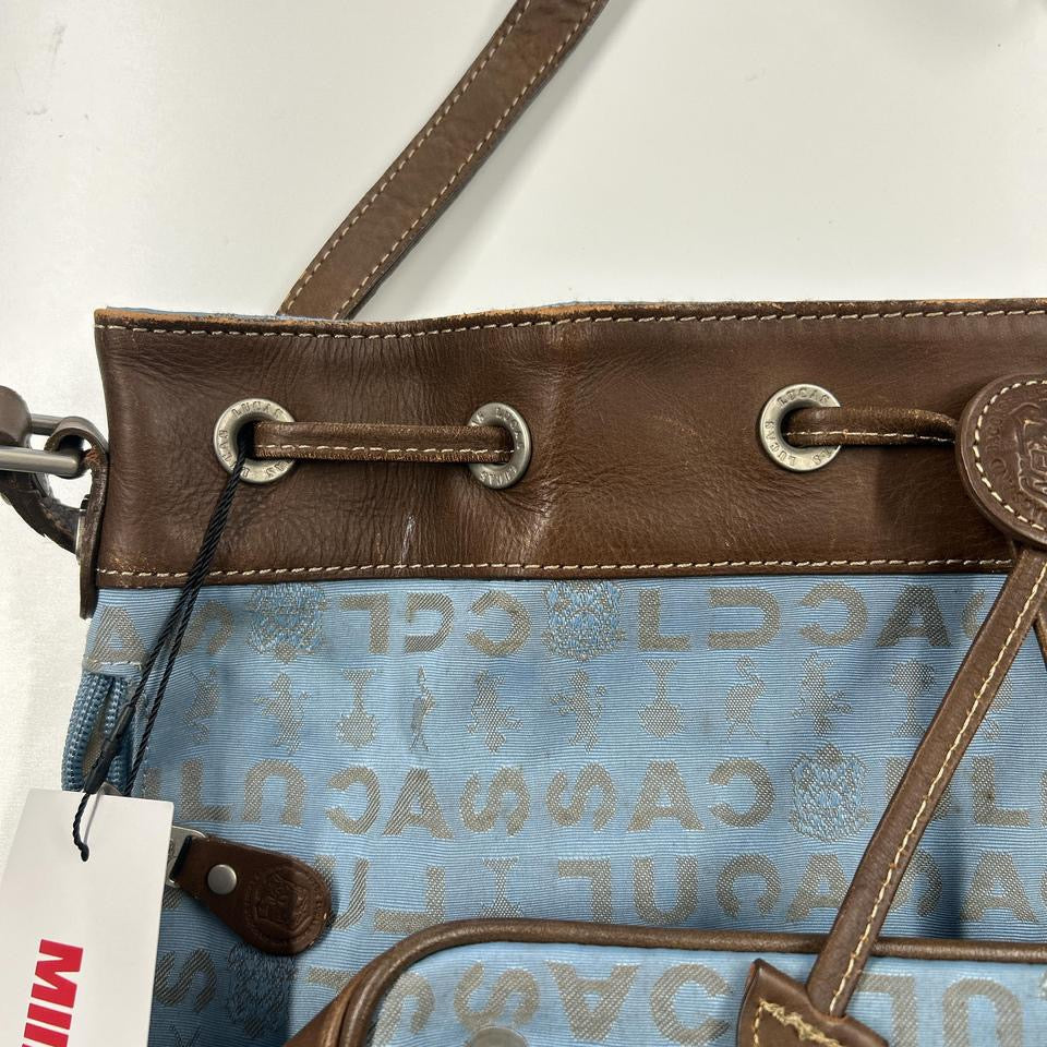 blue and brown crossbody drawstring bag