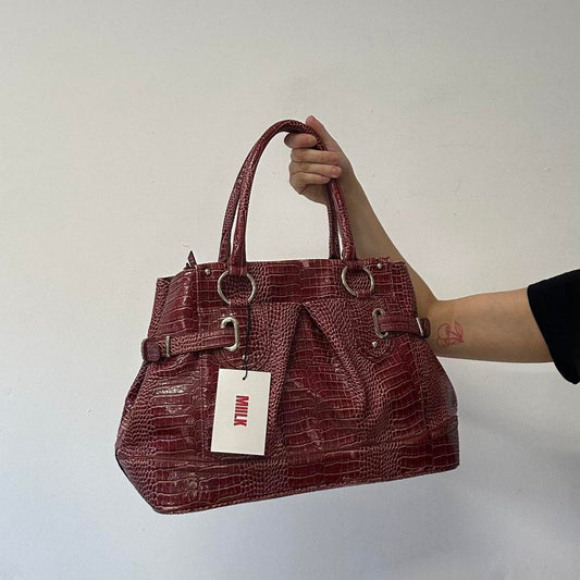 red pink faux leather croc effect shoulder bag