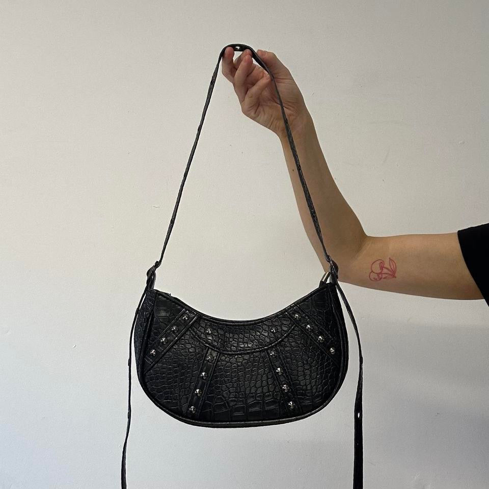 black studded faux leather croc effect shoulder bag