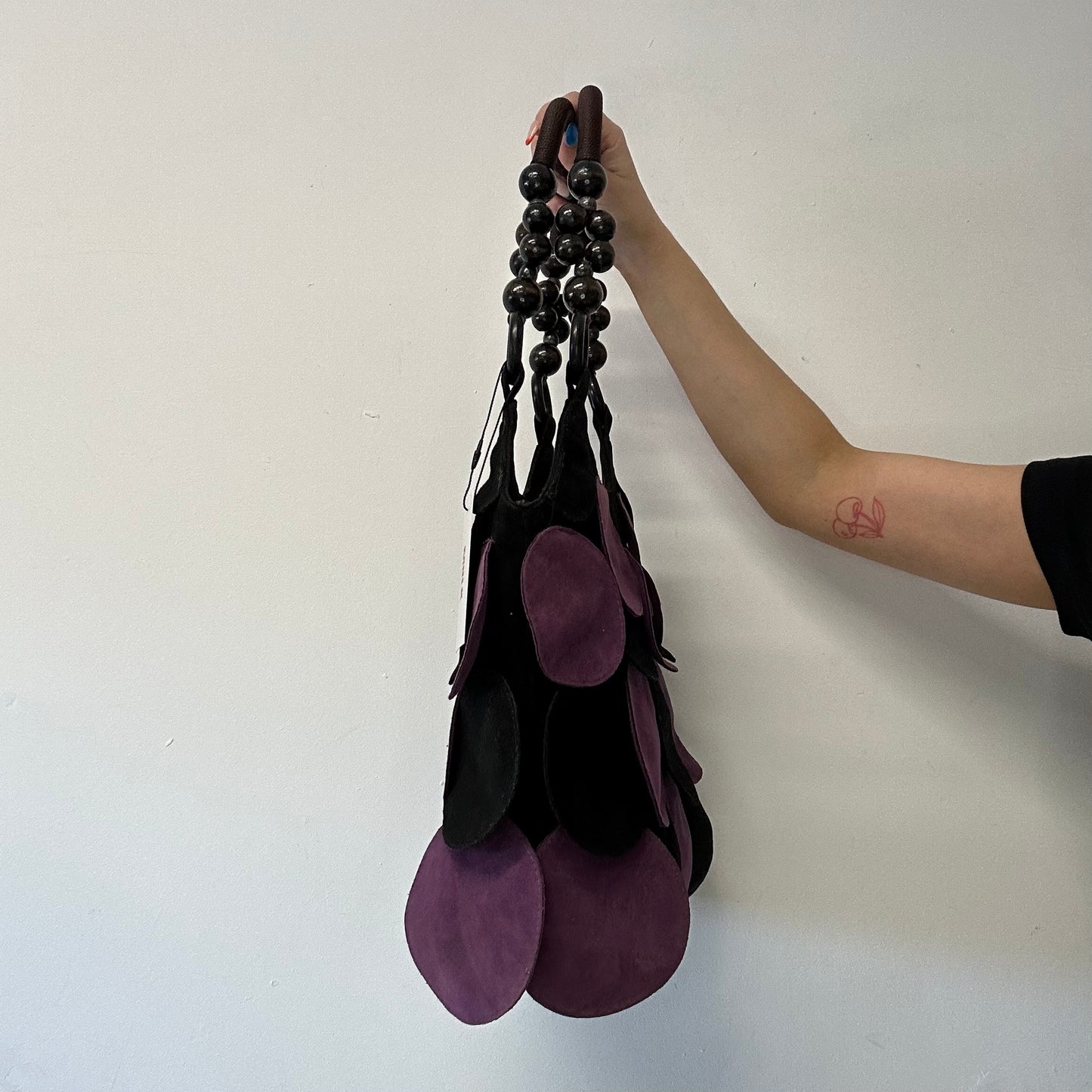 purple and black suede disc beaded shoulder bag