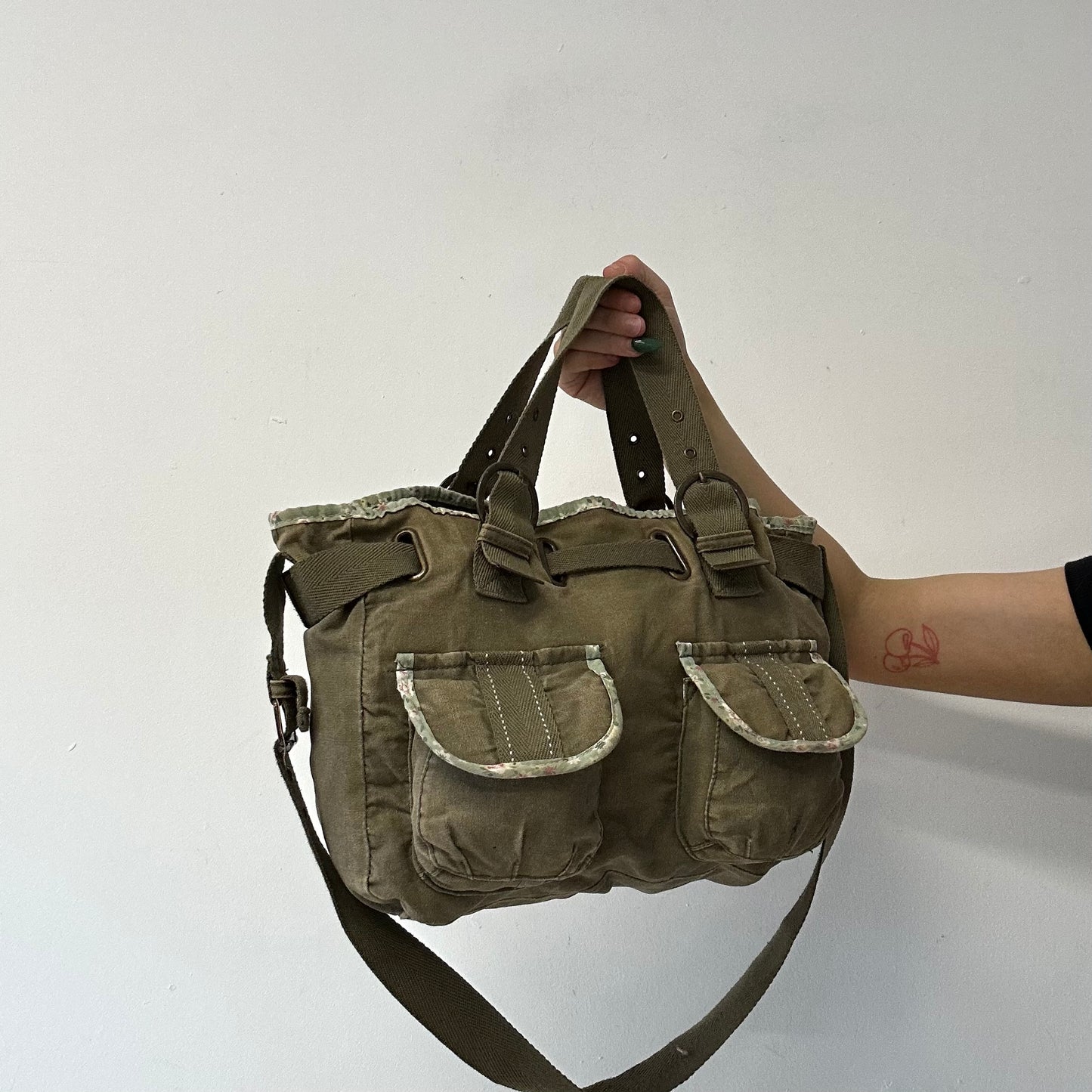khaki and floral double pocket cargo shoulder bag