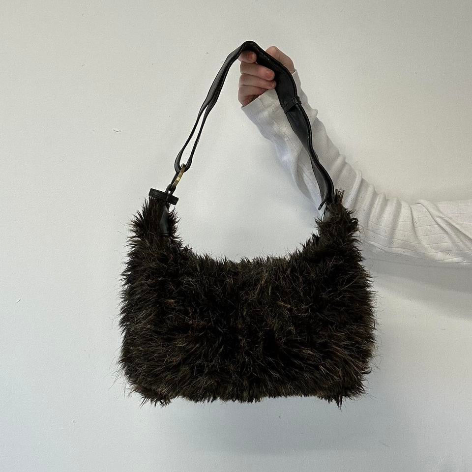 brown faux fur studded shoulder bag
