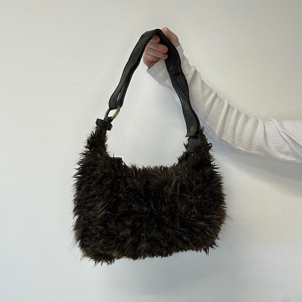 brown faux fur studded shoulder bag