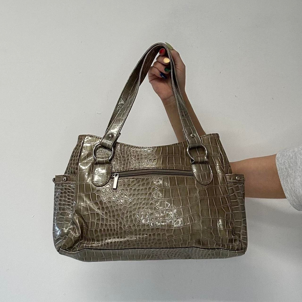 khaki metallic croc effect faux leather shoulder bag