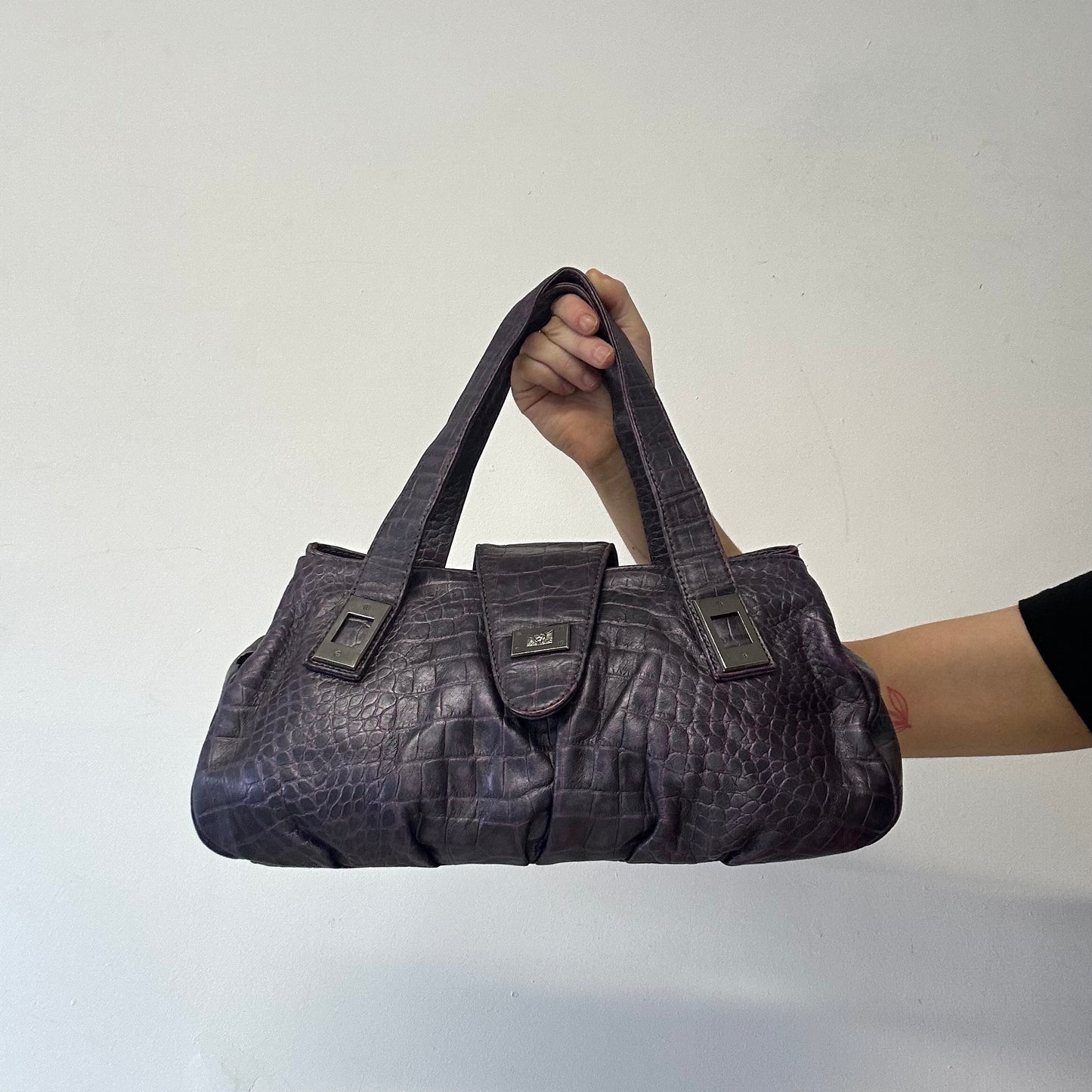 purple croc effect faux leather shoulder bag