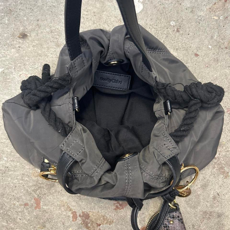 grey double zip drawstring hand bag