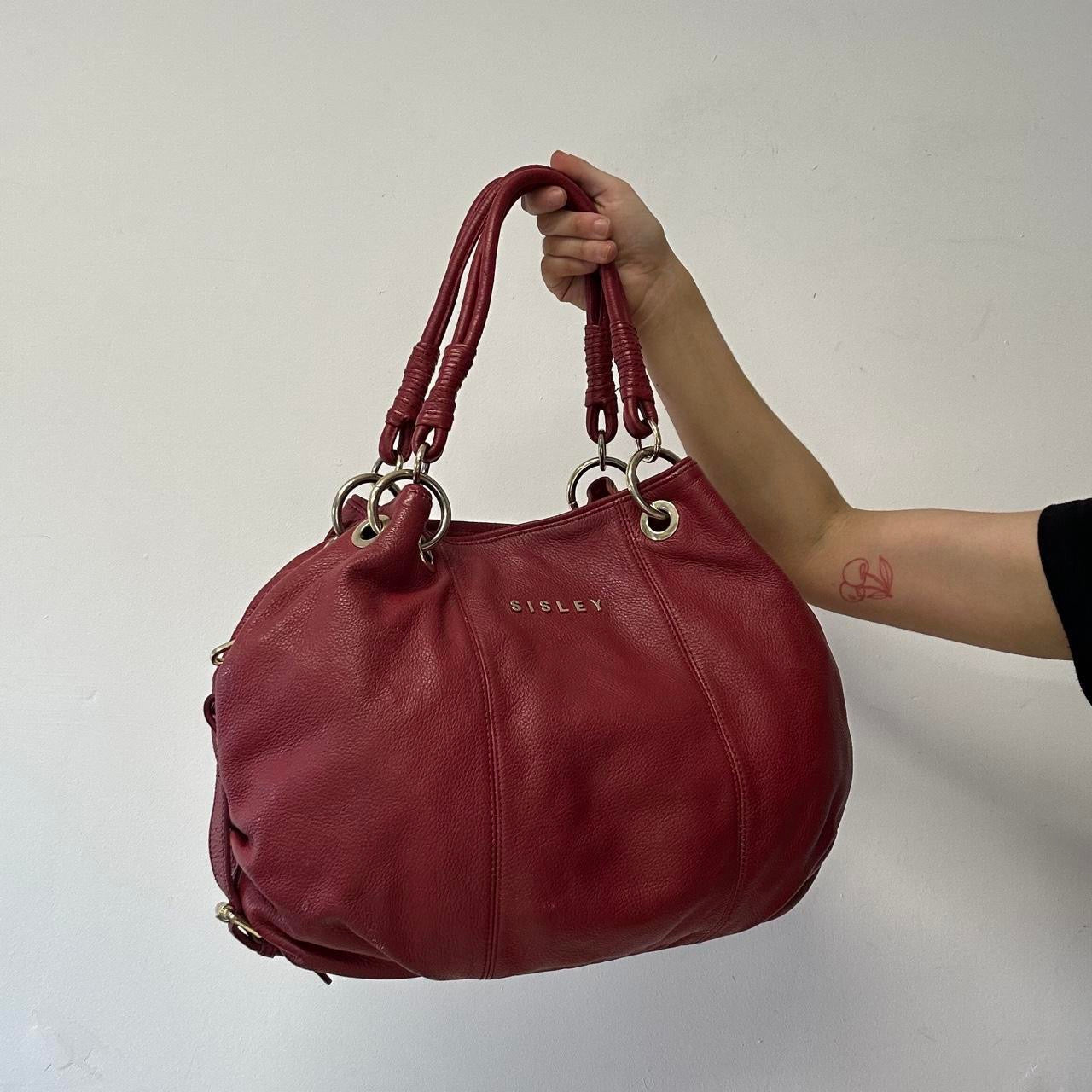 red genuine leather rope handles shoulder bag