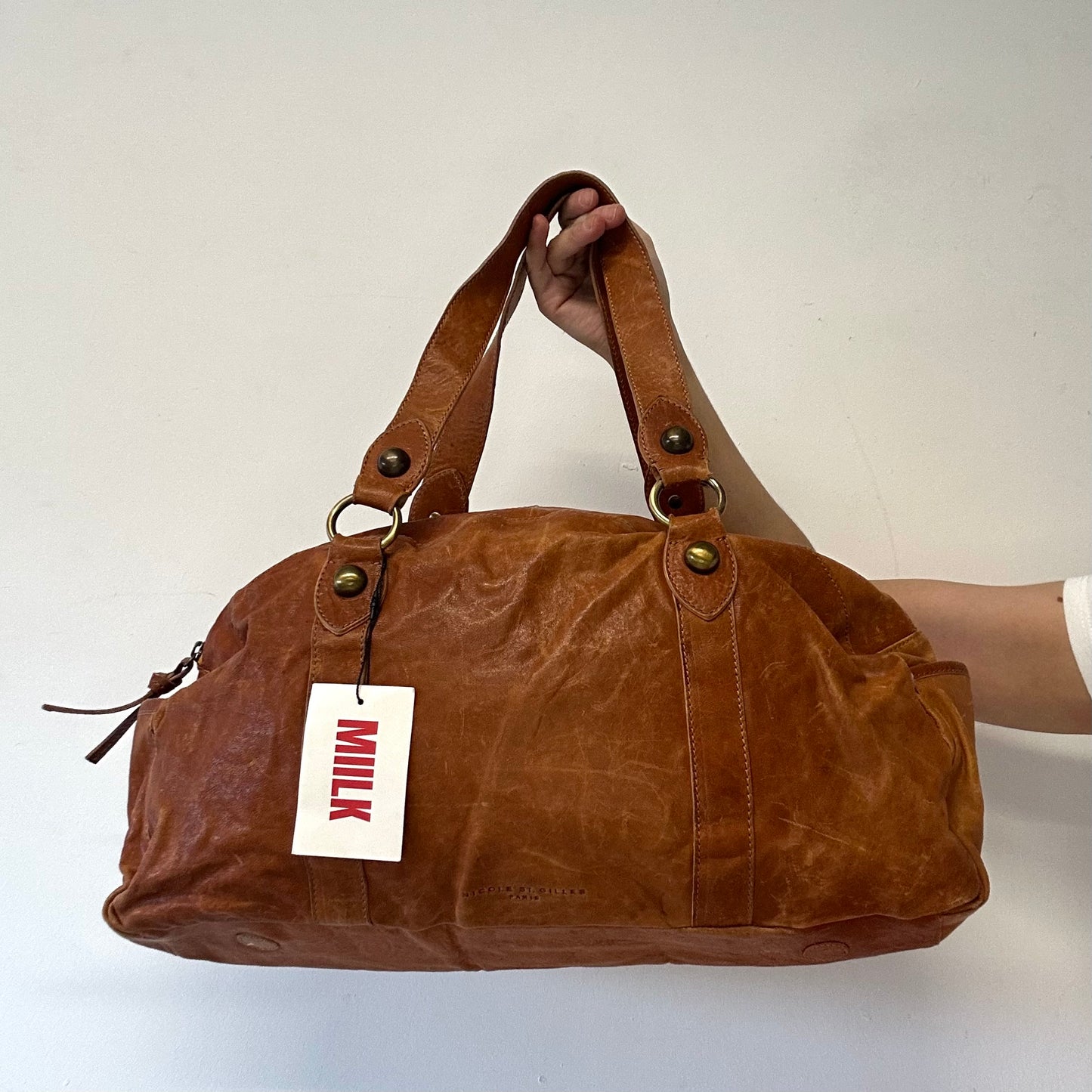 tanned brown large blue genuine leather shoulder bag