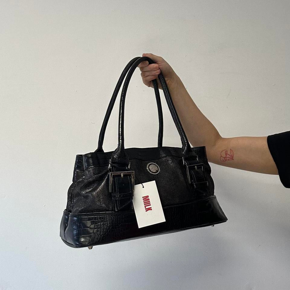 black faux leather glitter croc effect shoulder bag