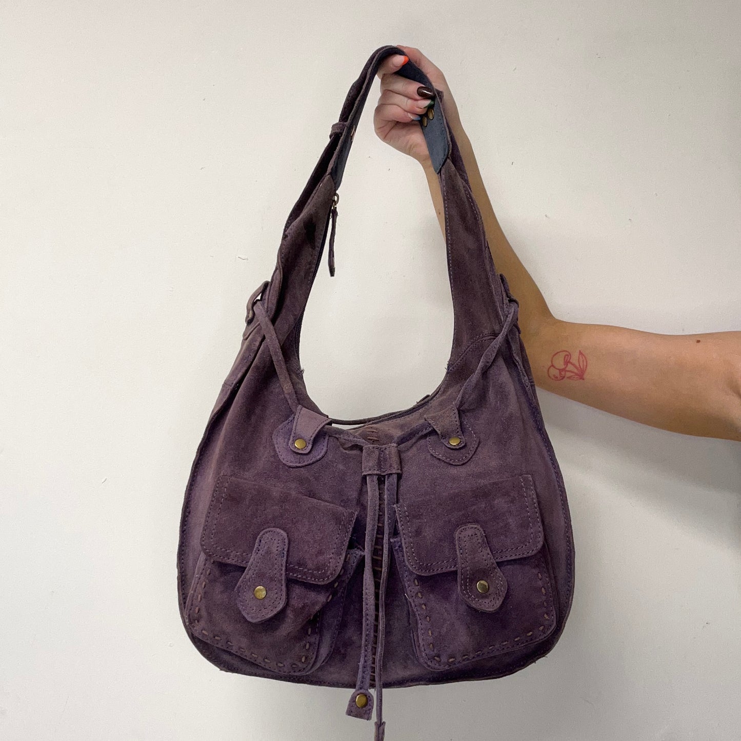 purple suede stitch shoulder bag
