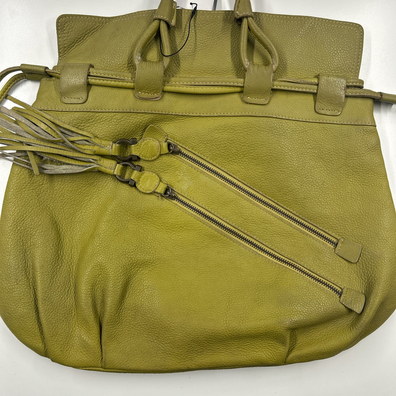 green leather double zip drawstring tote bag