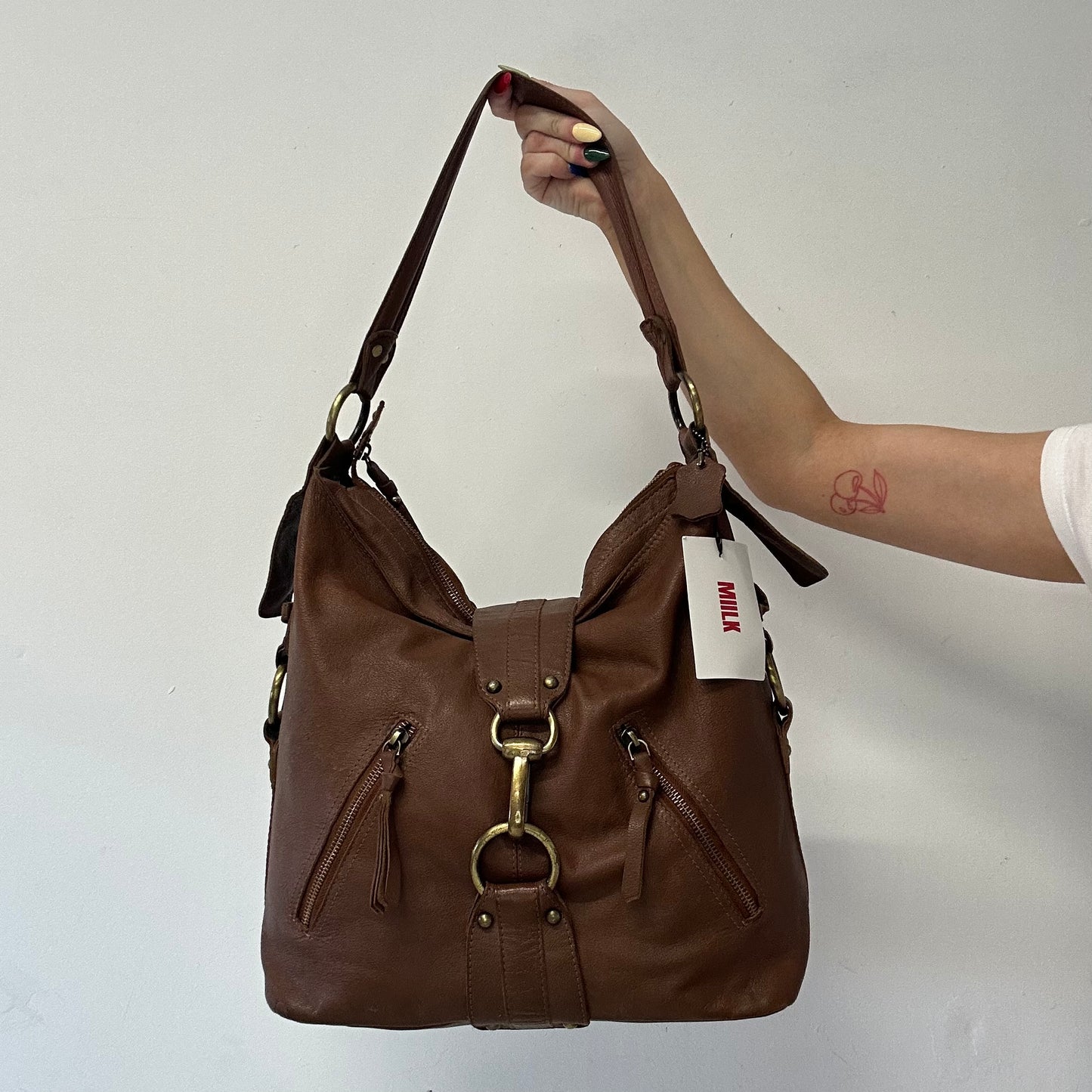 brown genuine leather buckle shoulder bag