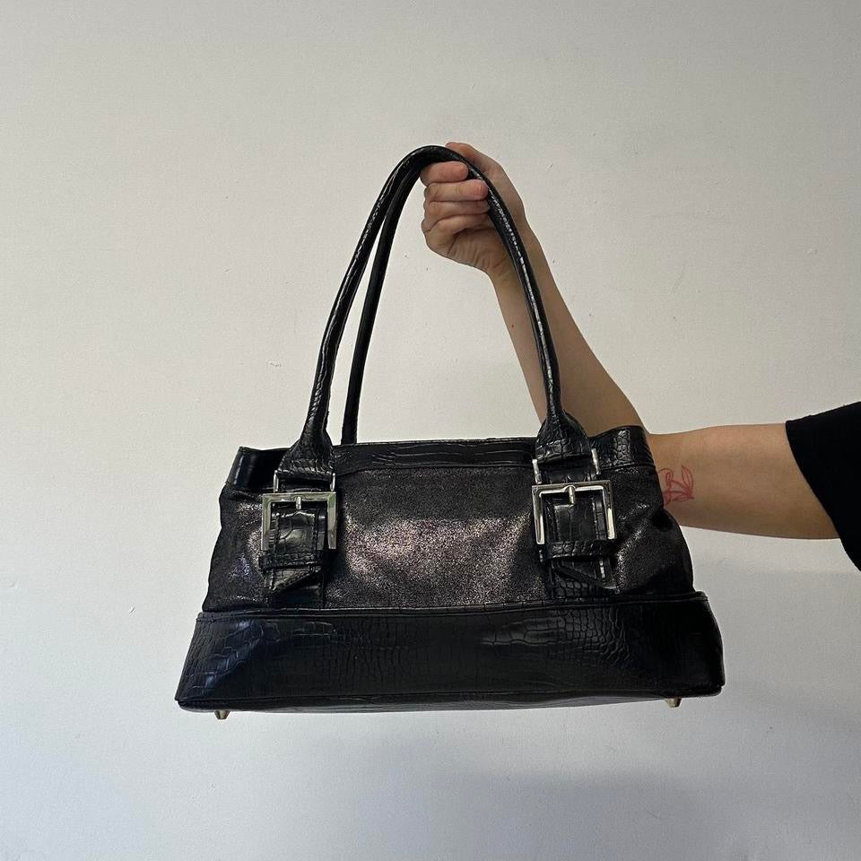 black faux leather glitter croc effect shoulder bag