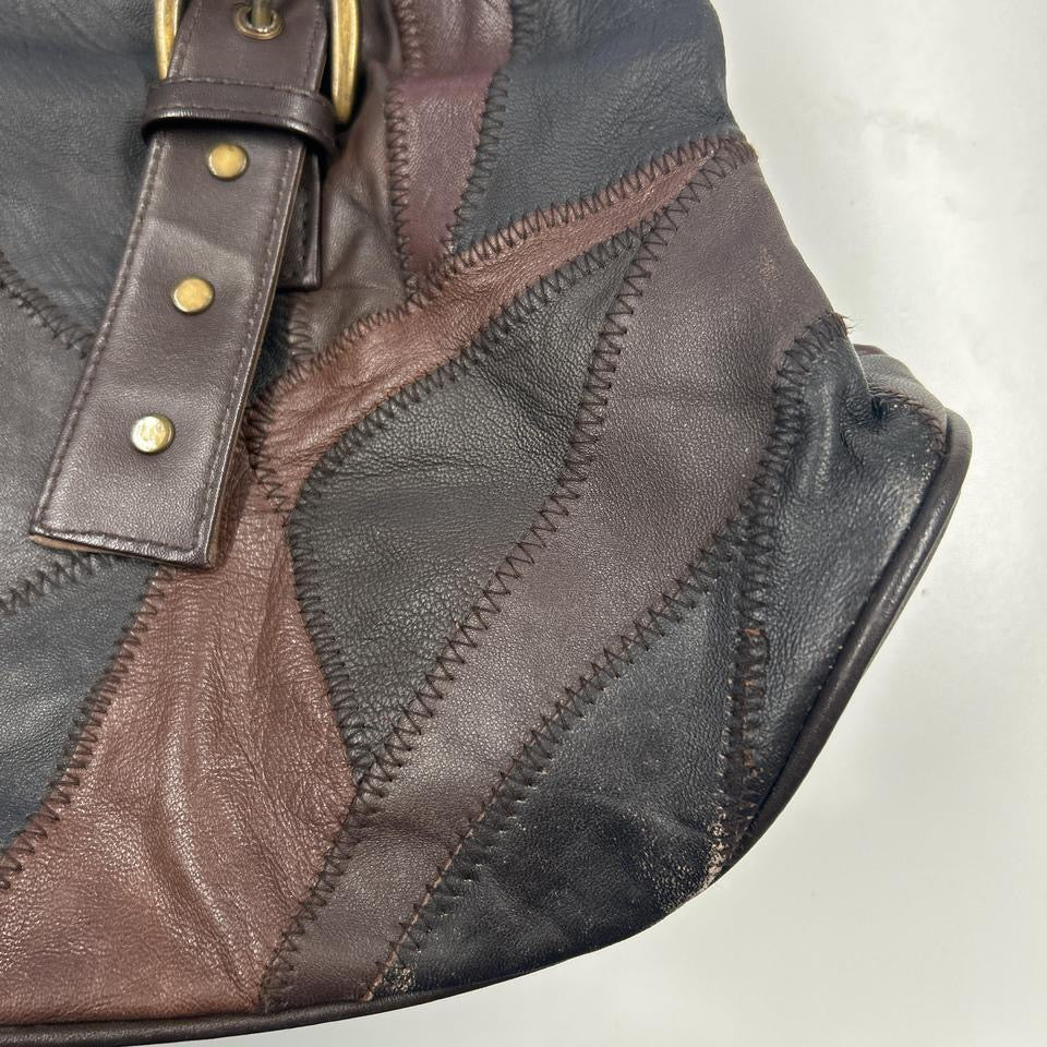 brown patchwork leather studded shoulder bag
