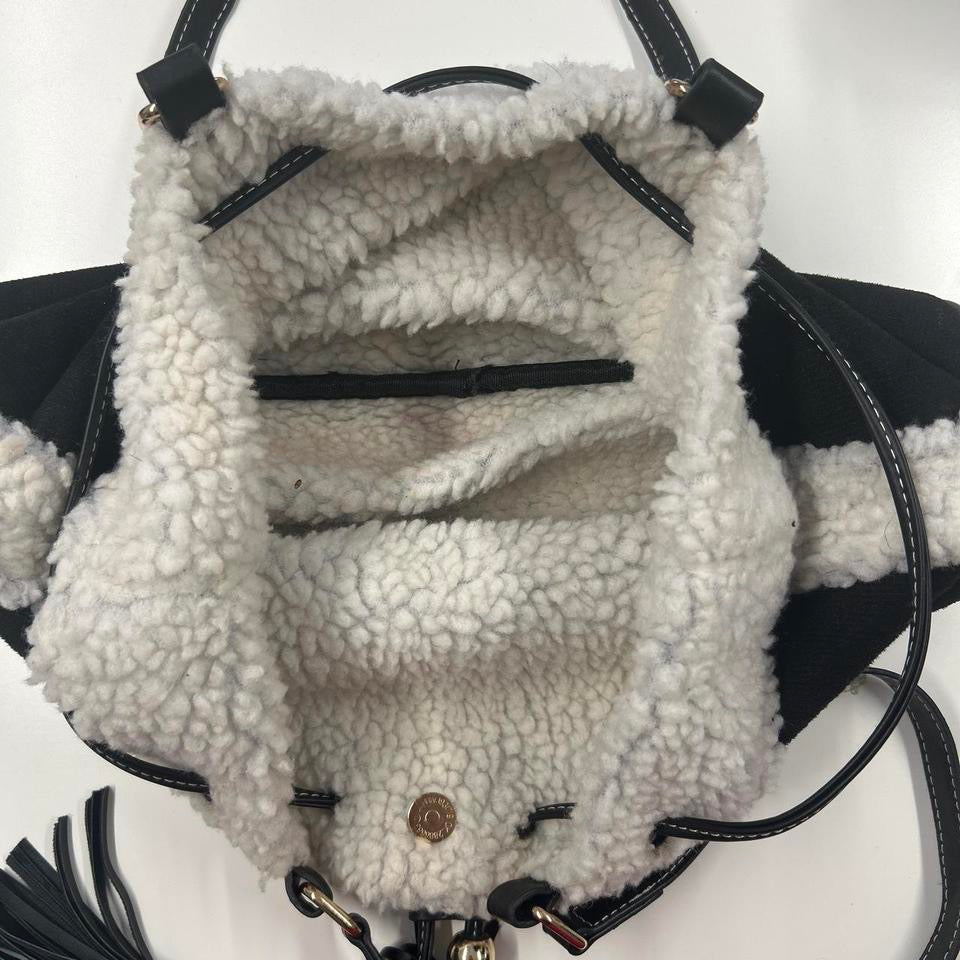 black faux fur drawstring shoulder bag