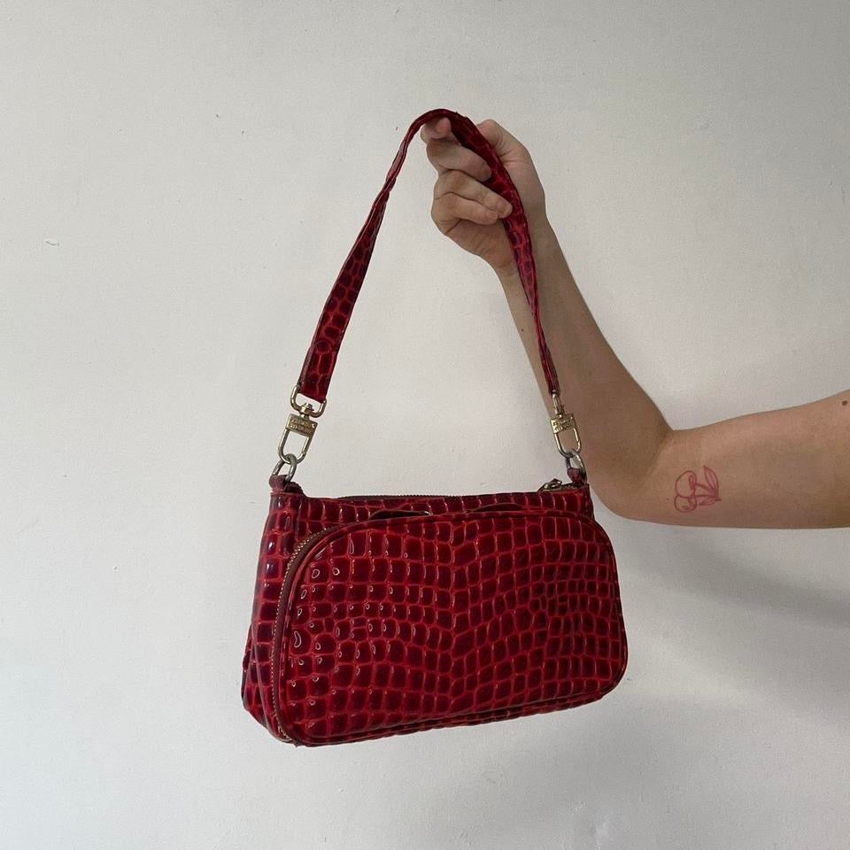 red faux leather studded croc effect shoulder bag