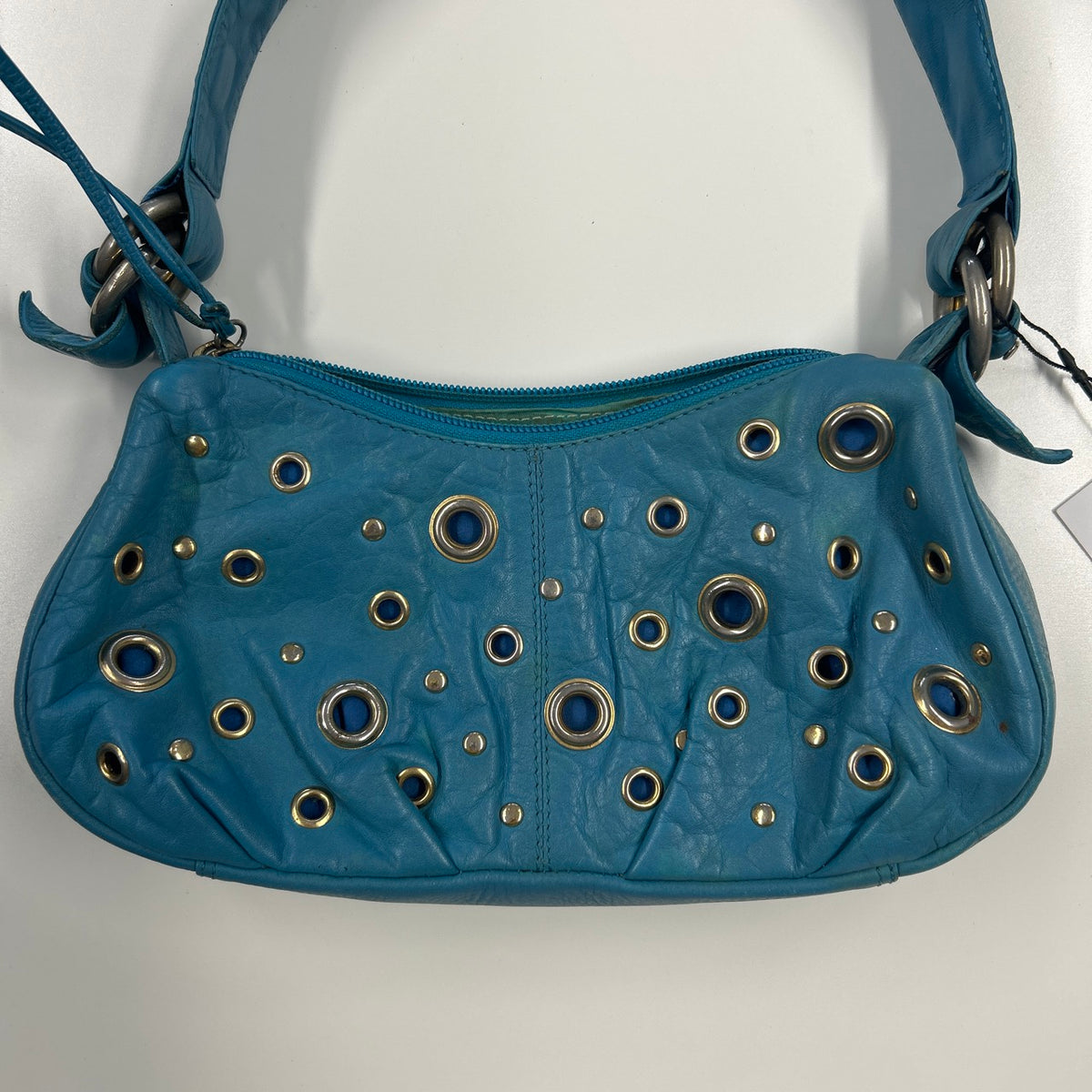 blue genuine leather eyelet shoulder bag