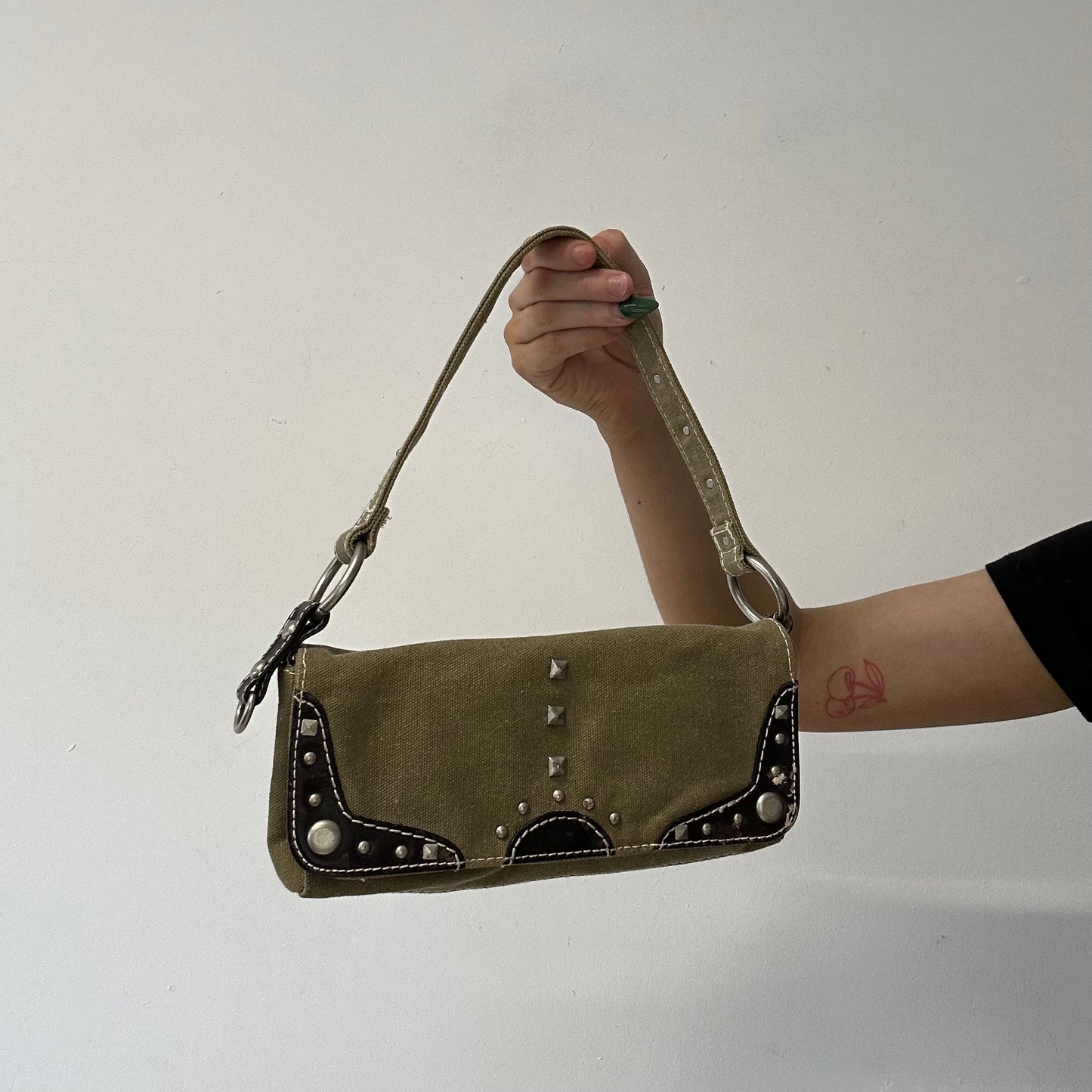 khaki studded mini shoulder bag