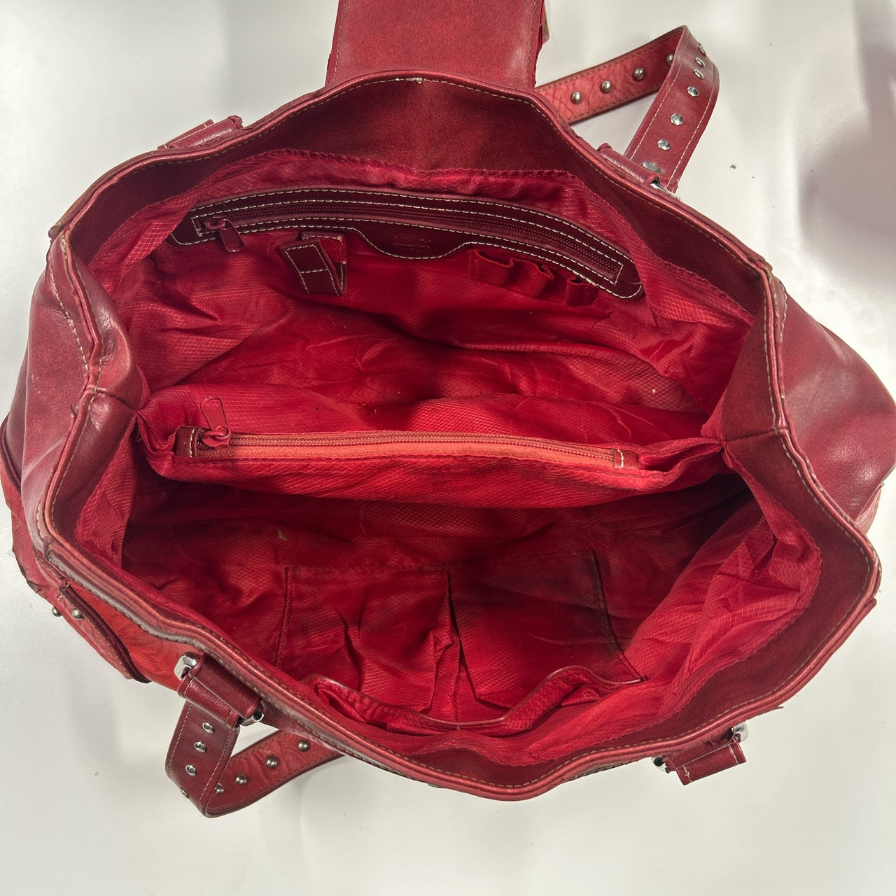 red faux leather croc effect studded  shoulder bag