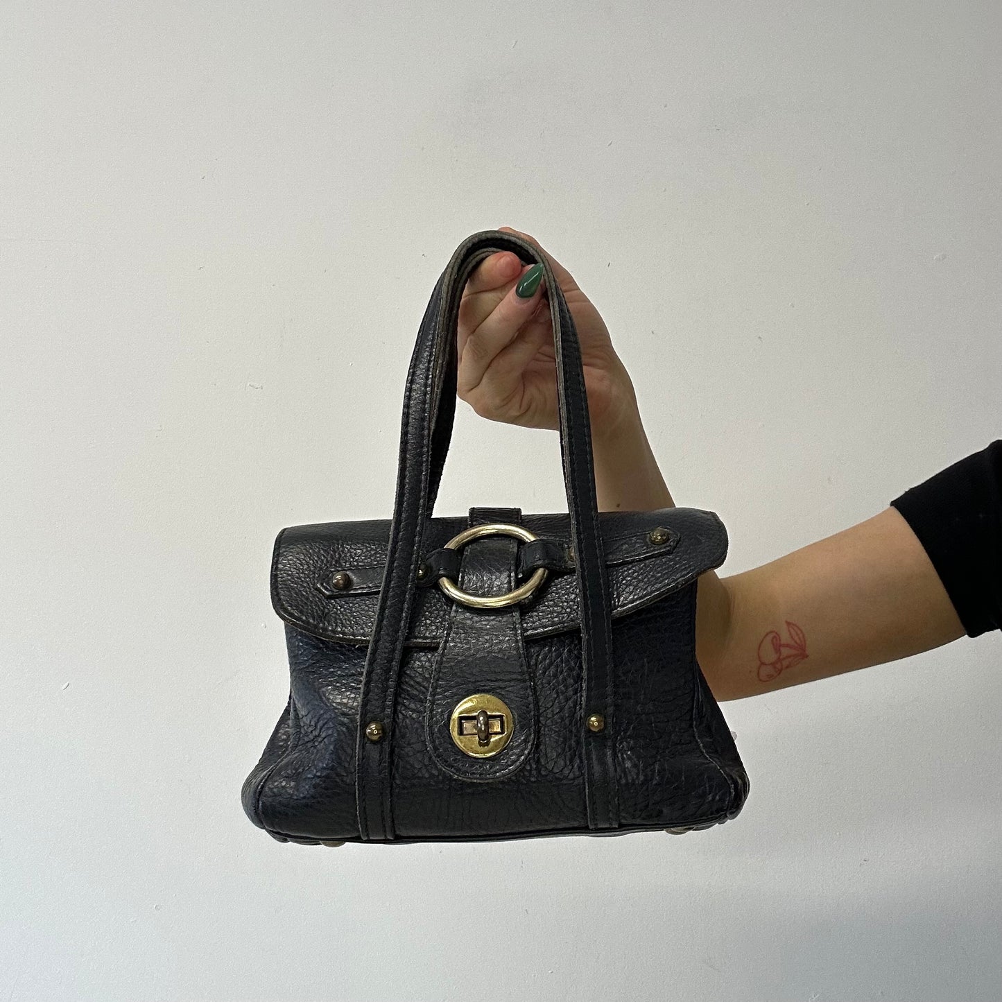 navy studded leather ultra mini hand bag