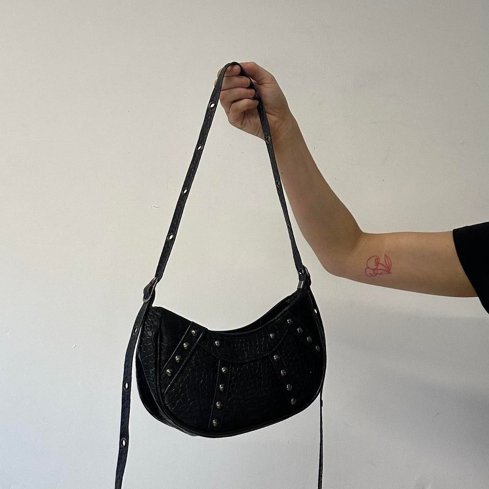 black studded faux leather croc effect shoulder bag