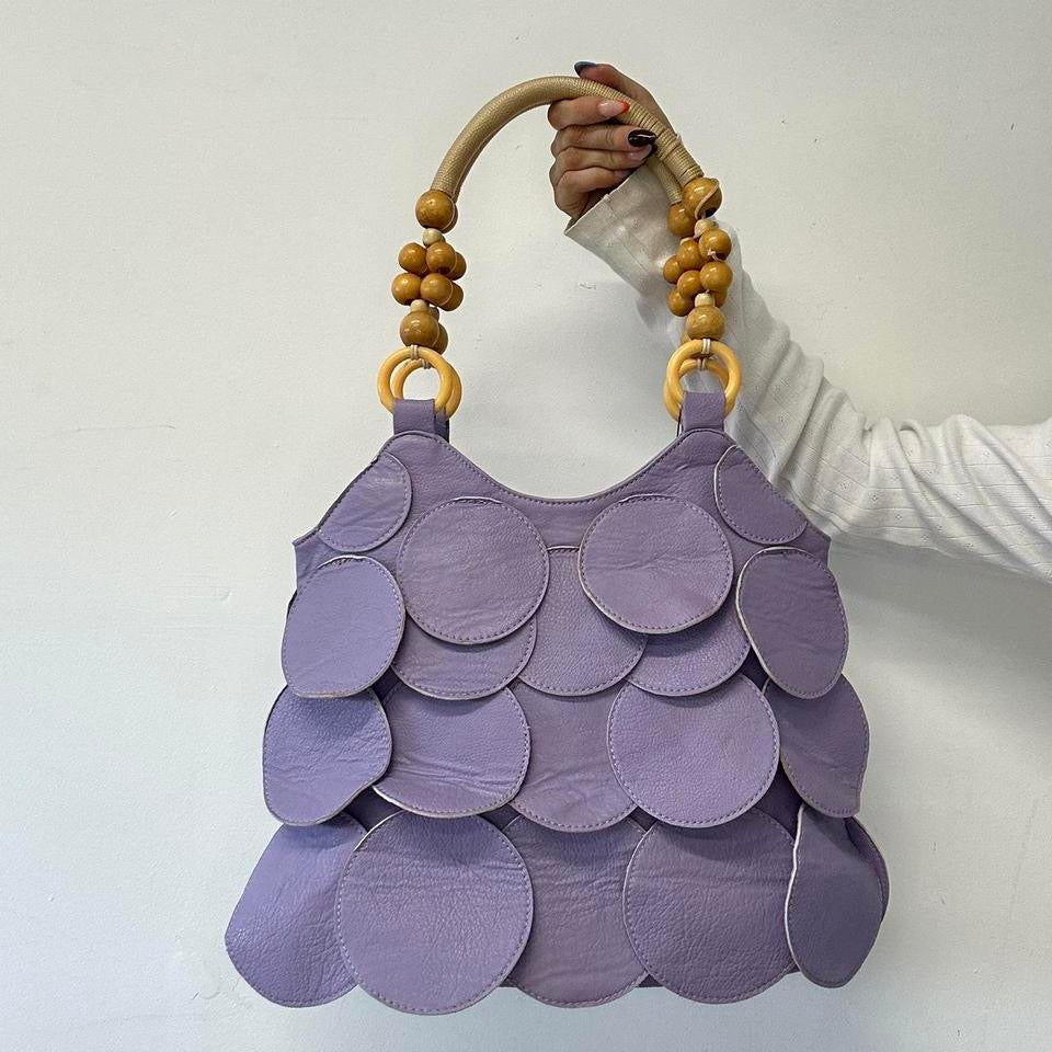 purple leather disc beaded shoulder bag
