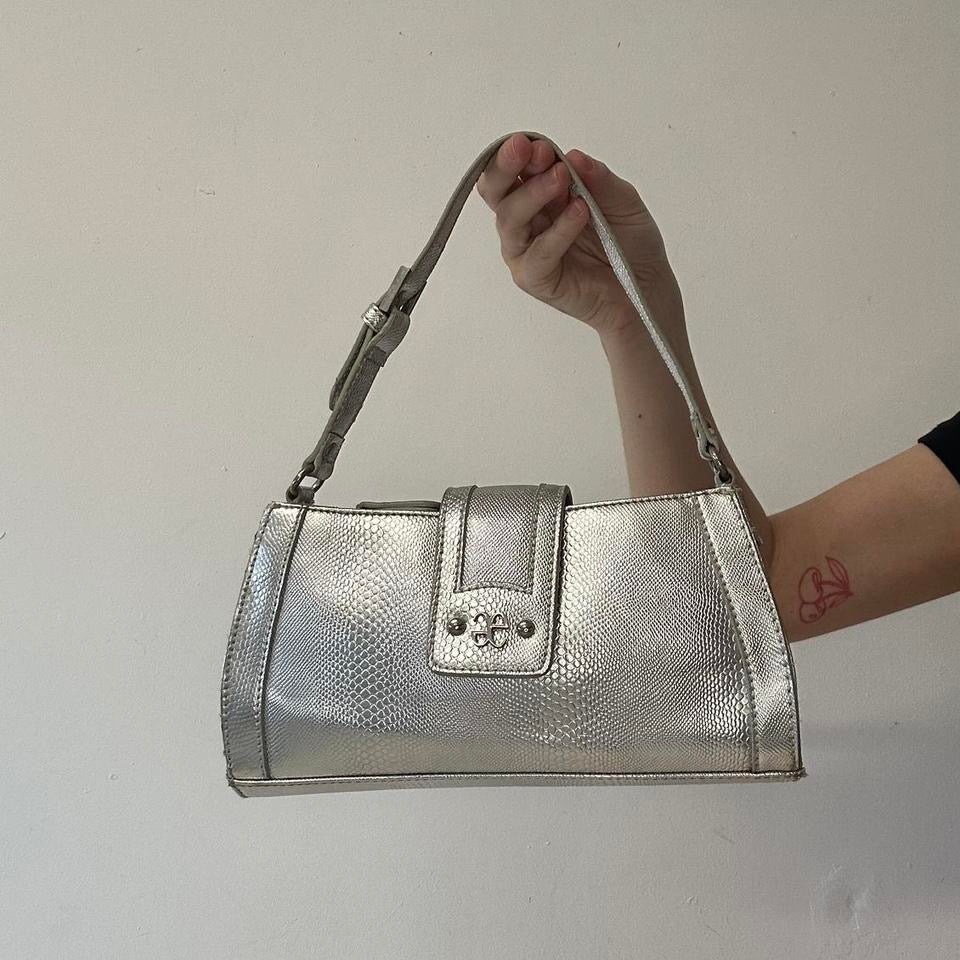 silver faux leather croc effect shoulder bag