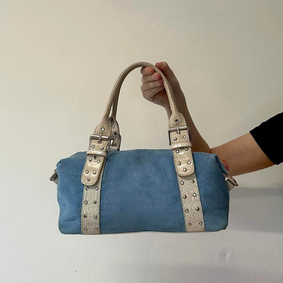 blue studded double buckle shoulder bag