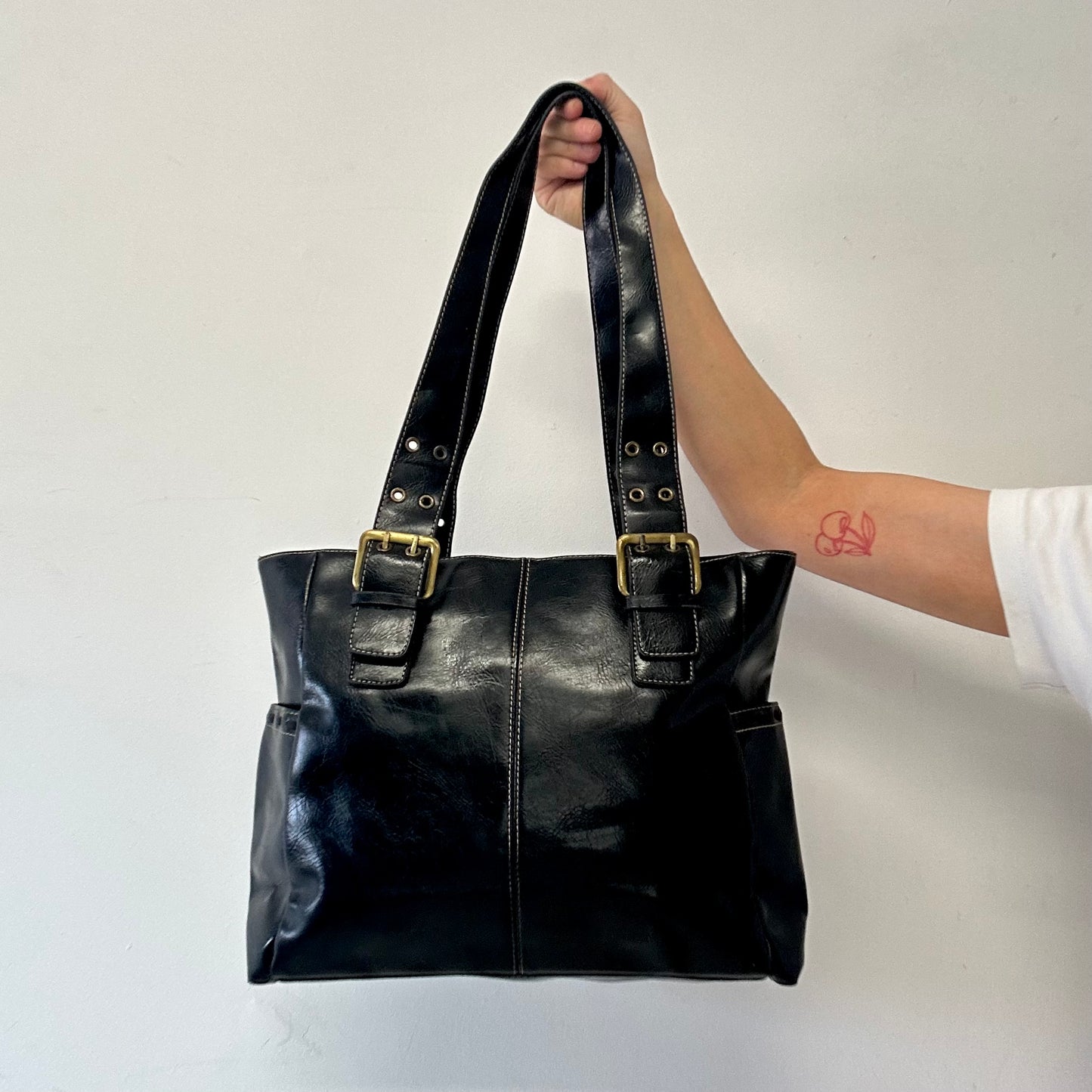 black double buckle faux leather shoulder bag