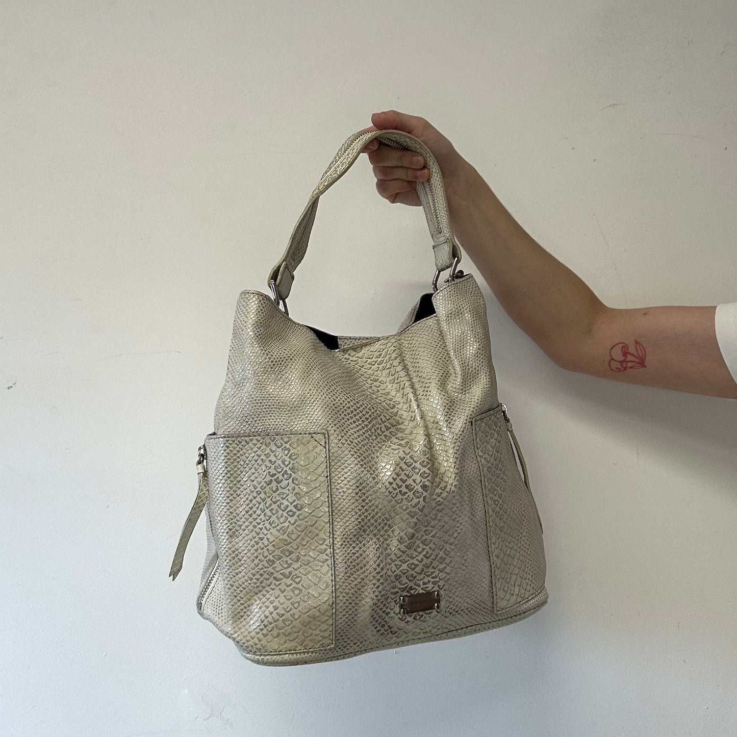 white and silver croc effect faux leather shoulder bag