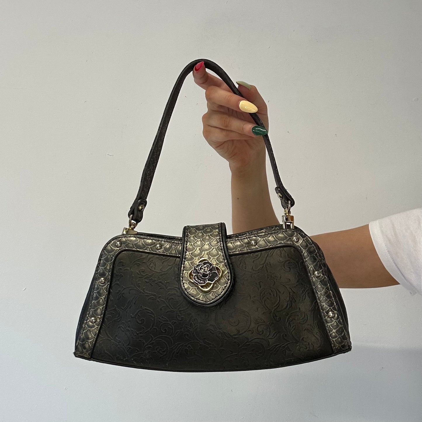 grey faux leather studded floral shoulder bag