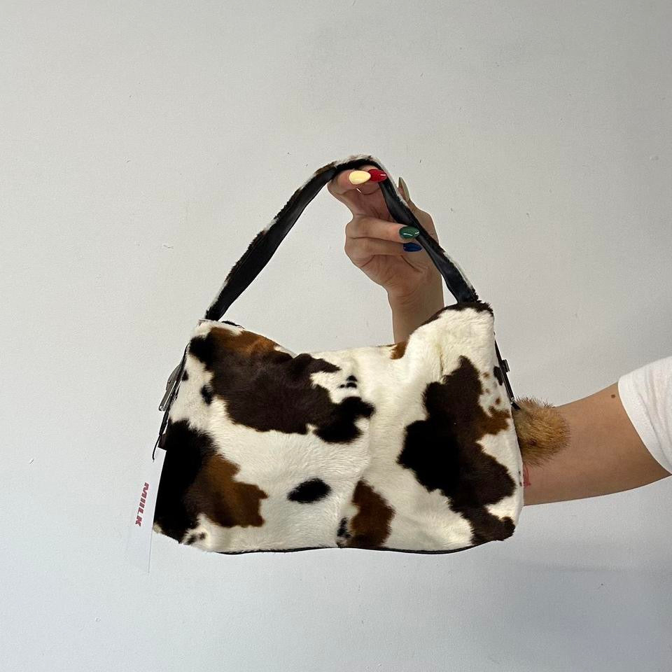 cow print faux fur mini shoulder bag