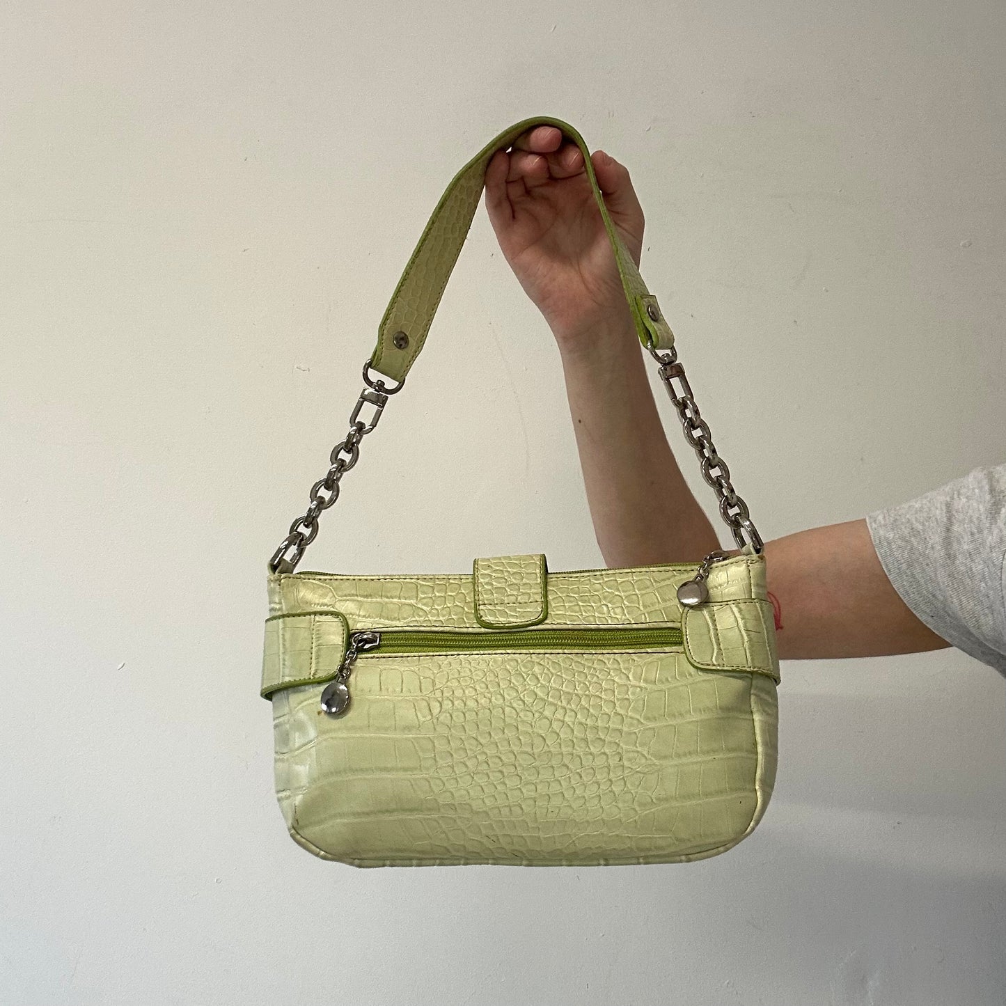 green croc effect faux leather shoulder bag