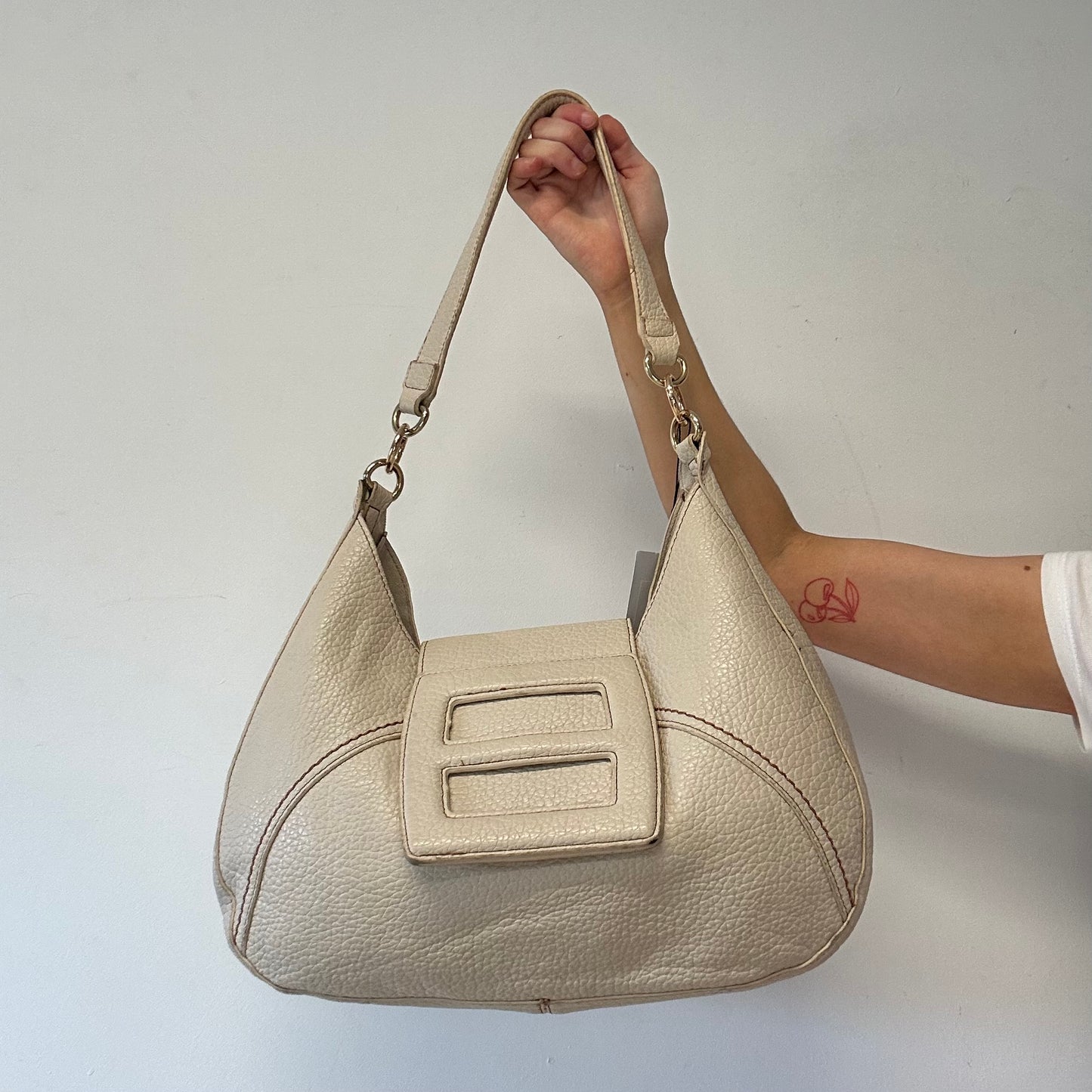 cream faux leather oversized buckle shoulder bag