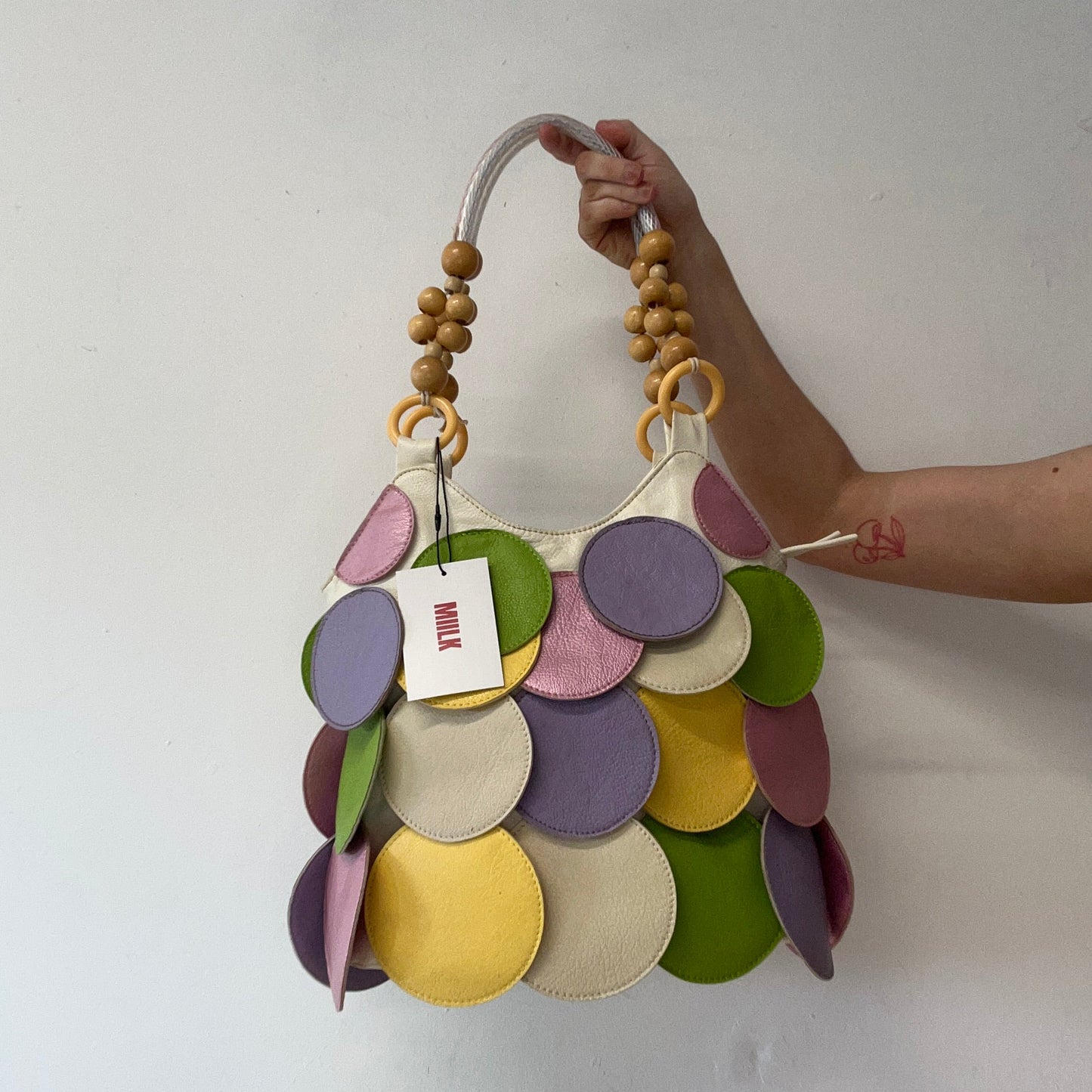 multicoloured faux leather disc beaded shoulder bag