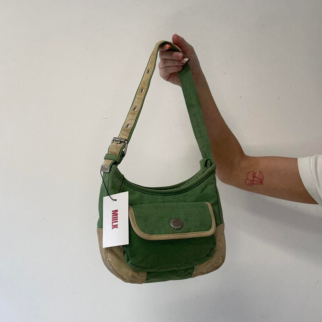 green and cream small shoulder bag