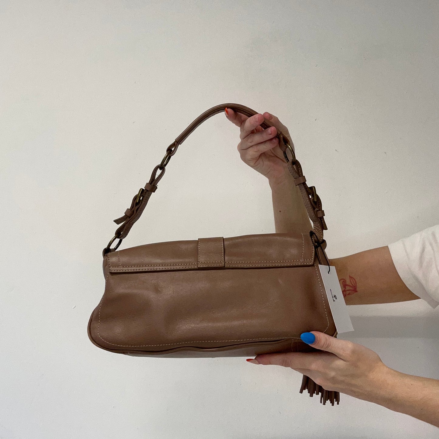 tanned brown studded buckle faux leather shoulder bag