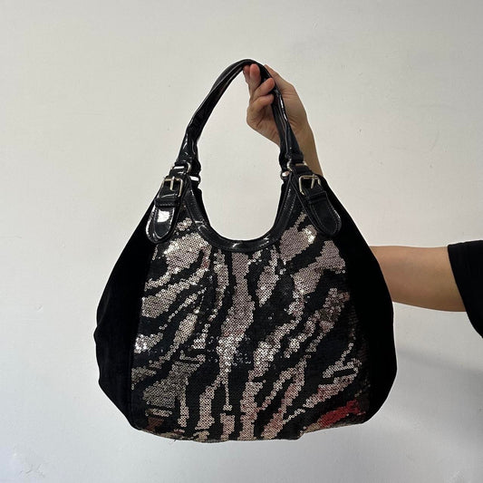zebra print sequinned velvet shoulder bag