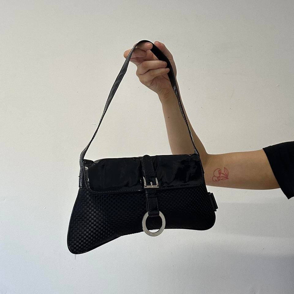 black woven effect oversized buckle shoulder bag
