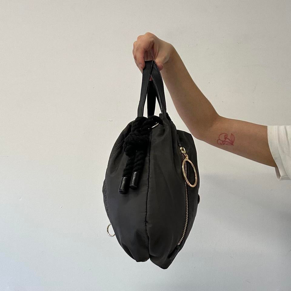 grey double zip drawstring hand bag